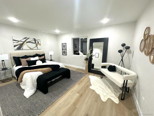 Bedroom, Interior, Recessed Lighting, Wood Texture Flooring