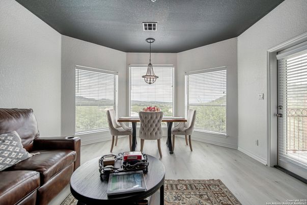 Dining room, Interior, Pendant Lights, Wood Texture Flooring