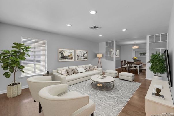 Dining room, Interior, Living room, Pendant Lights, Recessed Lighting, Wood Texture Flooring