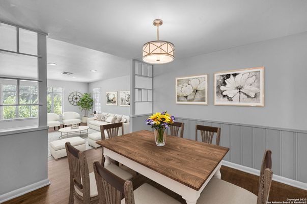 Dining room, Interior, Living room, Recessed Lighting, Wood Texture Flooring