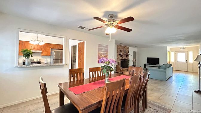 Dining room, Fireplace, Interior, Kitchen, Living room, Stainless Steel Appliances
