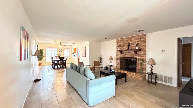 Dining room, Fireplace, Interior, Living room, Stone Walls