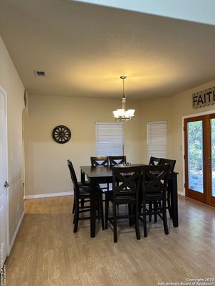 Chandelier, Dining room, Interior, Wood Texture Flooring