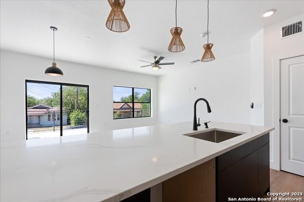 Interior, Kitchen, Pendant Lights, Recessed Lighting, Wood Texture Flooring