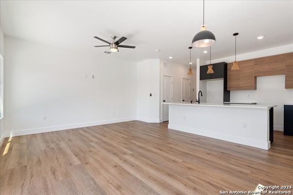 Empty room, Interior, Kitchen, Pendant Lights, Recessed Lighting, Wood Texture Flooring
