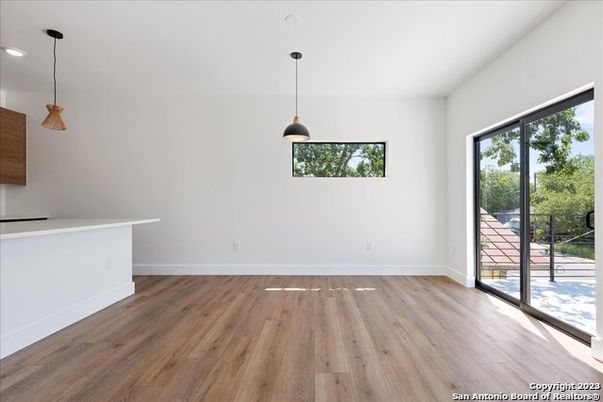 Empty room, Interior, Pendant Lights, Recessed Lighting, Wood Texture Flooring