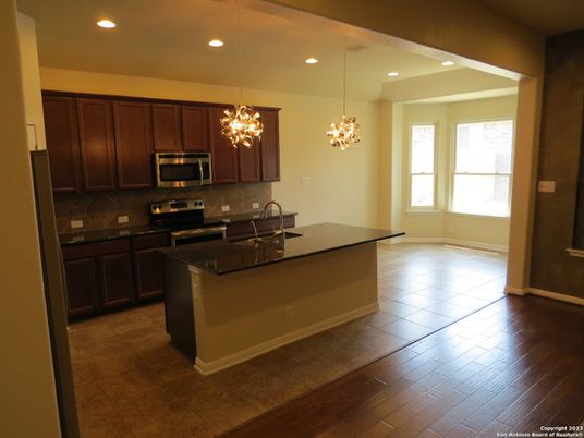 Chandelier, Interior, Kitchen, Pendant Lights, Recessed Lighting, Wood Texture Flooring