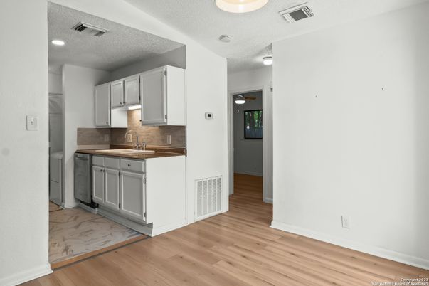 Interior, Kitchen, Marble, Recessed Lighting, Wood Texture Flooring