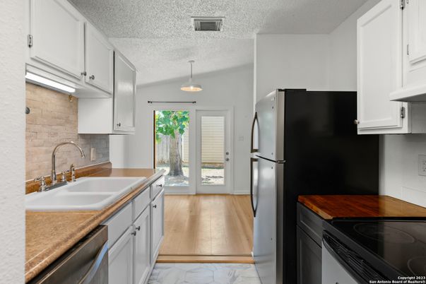 Interior, Kitchen, Marble, Pendant Lights, Wood Texture Flooring