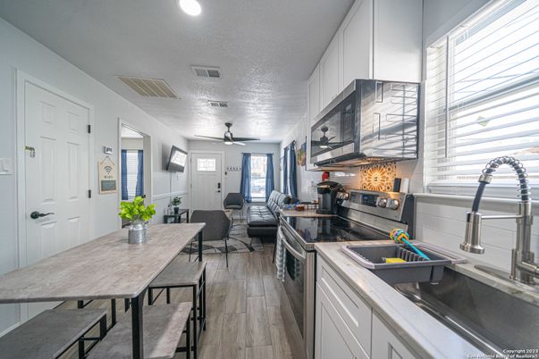 Dining room, Interior, Kitchen, Living room, Recessed Lighting, Wood Texture Flooring