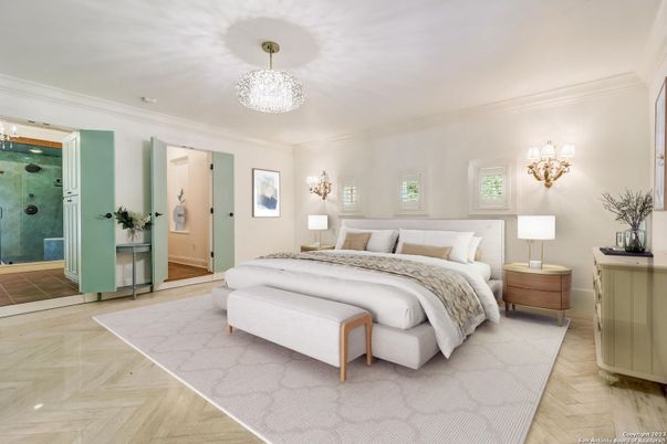 Bedroom, Chandelier, Interior, Wood Texture Flooring