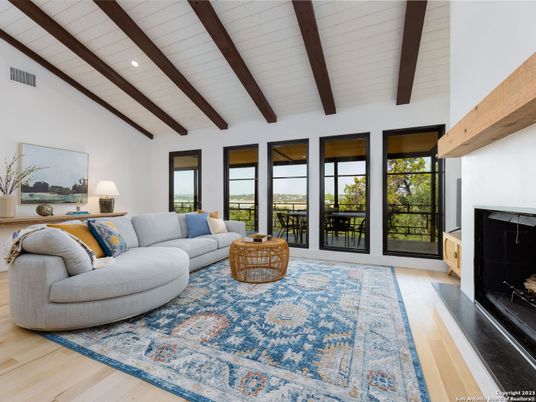 Fireplace, Interior, Living room, Recessed Lighting, Wooden Beams, Wood Texture Flooring