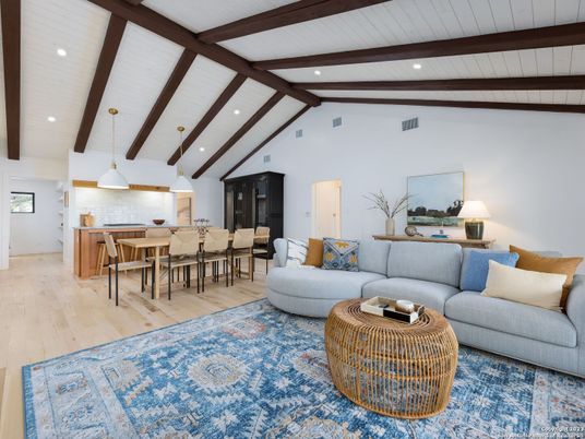 Dining room, Interior, Living room, Pendant Lights, Recessed Lighting, Wooden Beams, Wood Texture Flooring