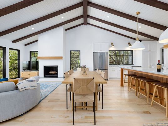 Dining room, Fireplace, Interior, Kitchen, Living room, Pendant Lights, Recessed Lighting, Wooden Beams, Wood Texture Flooring