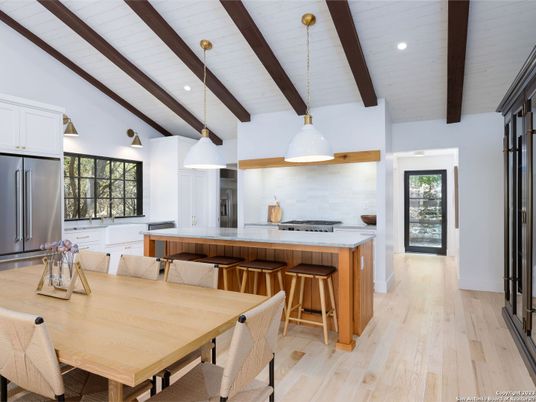 Dining room, Interior, Kitchen, Pendant Lights, Recessed Lighting, Stainless Steel Appliances, Wooden Beams, Wood Texture Flooring