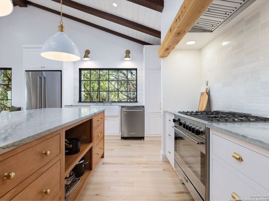 Interior, Kitchen, Pendant Lights, Recessed Lighting, Stainless Steel Appliances, Wooden Beams, Wood Texture Flooring