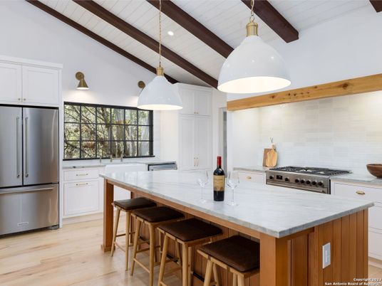Interior, Kitchen, Pendant Lights, Recessed Lighting, Stainless Steel Appliances, Wooden Beams, Wood Texture Flooring