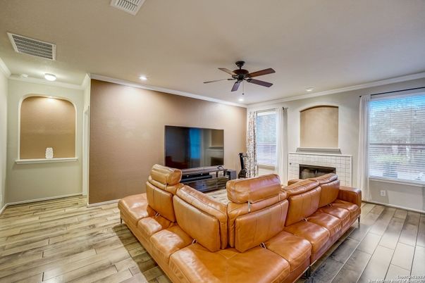 Home Theatre Room, Fireplace, Interior, Living room, Recessed Lighting, Wood Texture Flooring