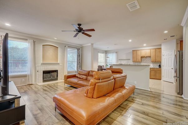 Fireplace, Interior, Kitchen, Living room, Recessed Lighting, Wood Texture Flooring