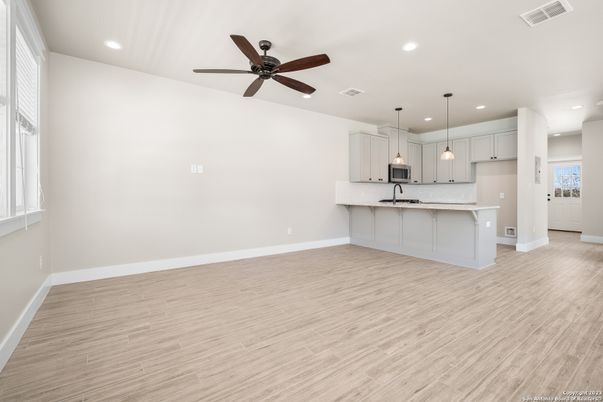 Empty room, Interior, Kitchen, Pendant Lights, Recessed Lighting, Wood Texture Flooring