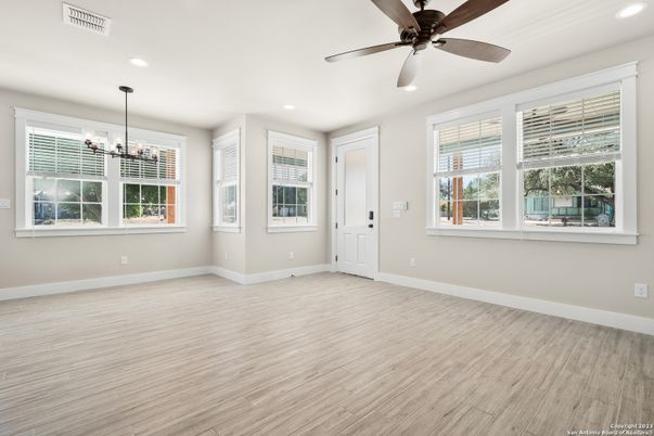 Chandelier, Empty room, Interior, Recessed Lighting, Wood Texture Flooring