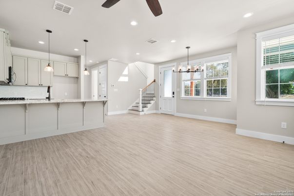 Chandelier, Interior, Kitchen, Pendant Lights, Recessed Lighting, Wood Texture Flooring