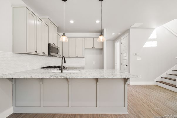 Interior, Kitchen, Pendant Lights, Recessed Lighting, Wood Texture Flooring