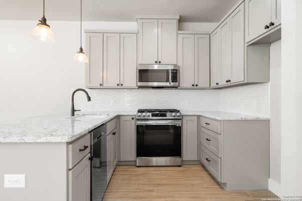 Interior, Kitchen, Pendant Lights, Stainless Steel Appliances, Wood Texture Flooring