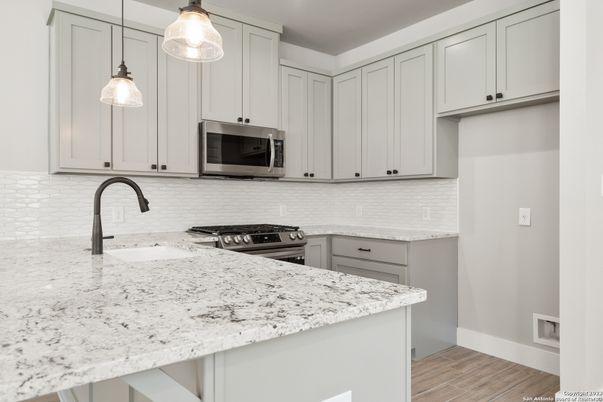 Interior, Kitchen, Pendant Lights, Stainless Steel Appliances, Wood Texture Flooring