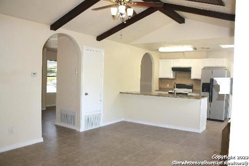 Empty room, Interior, Kitchen, Stainless Steel Appliances, Wooden Beams