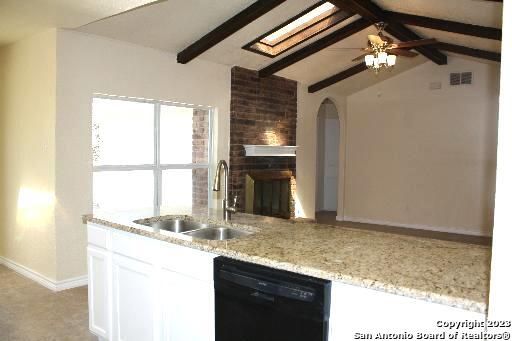 Fireplace, Interior, Kitchen, Stone Walls, Wooden Beams