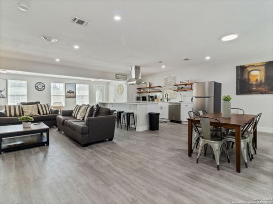Dining room, Interior, Kitchen, Living room, Recessed Lighting, Stainless Steel Appliances, Wood Texture Flooring