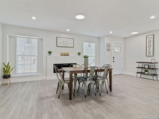 Dining room, Fireplace, Interior, Recessed Lighting, Wood Texture Flooring