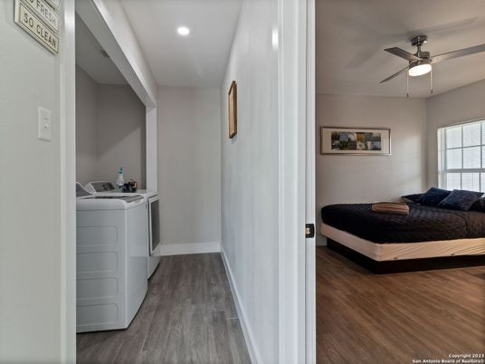 Bedroom, Interior, Recessed Lighting, Washer, Wood Texture Flooring