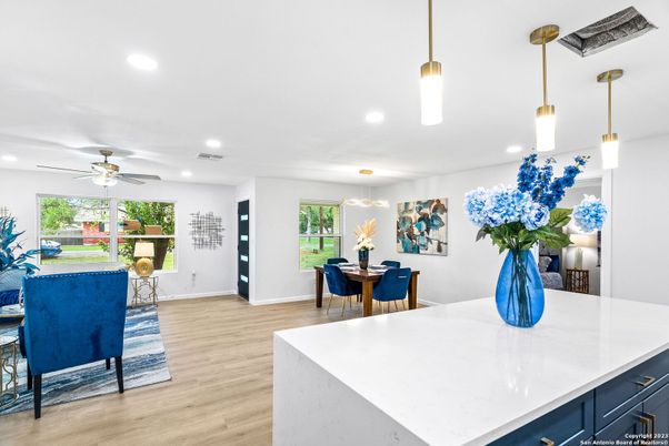 Dining room, Interior, Pendant Lights, Recessed Lighting, Wood Texture Flooring