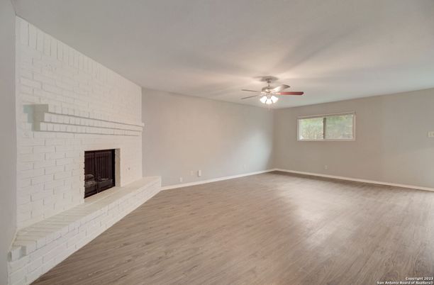 Empty room, Fireplace, Interior, Stone Walls, Wood Texture Flooring
