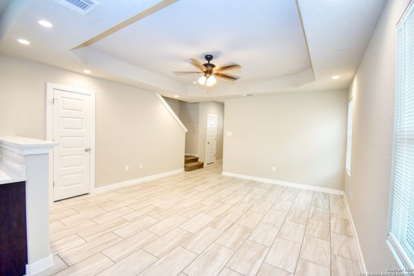 Empty room, Fireplace, Interior, Recessed Lighting, Wood Texture Flooring