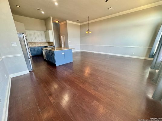 Empty room, Interior, Kitchen, Pendant Lights, Recessed Lighting, Wood Texture Flooring