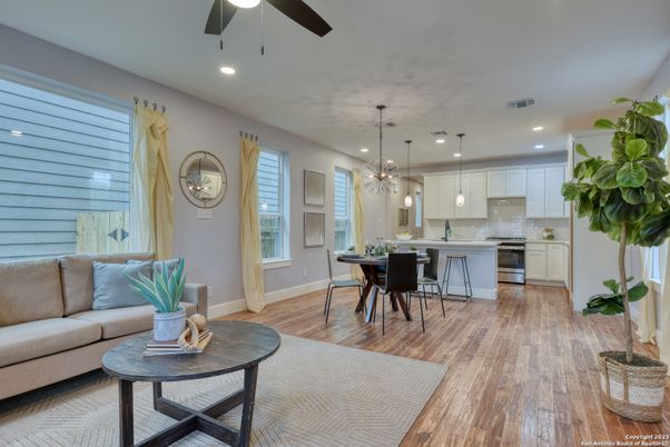 Dining room, Interior, Kitchen, Living room, Pendant Lights, Recessed Lighting, Wood Texture Flooring