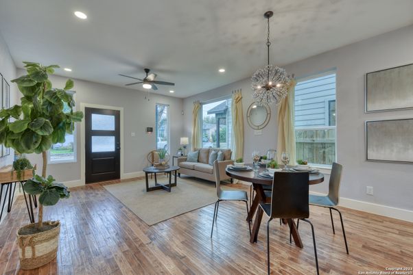 Dining room, Interior, Living room, Pendant Lights, Recessed Lighting, Wood Texture Flooring