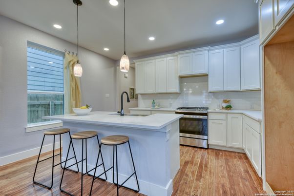 Interior, Kitchen, Pendant Lights, Recessed Lighting, Stainless Steel Appliances, Wood Texture Flooring