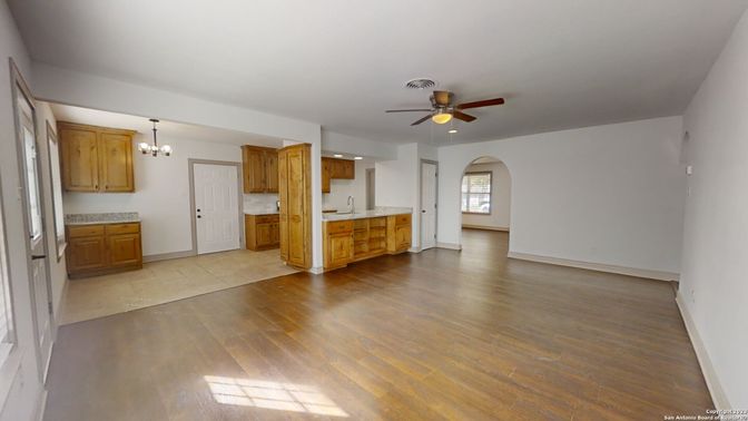 Chandelier, Empty room, Interior, Kitchen, Wood Texture Flooring