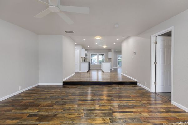 Empty room, Interior, Kitchen, Recessed Lighting, Wood Texture Flooring