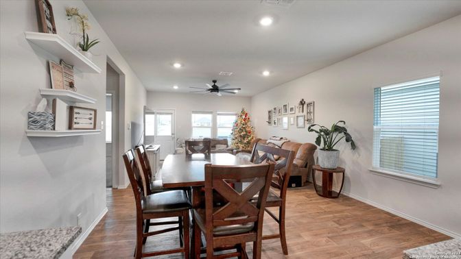 Dining room, Interior, Recessed Lighting, Wood Texture Flooring