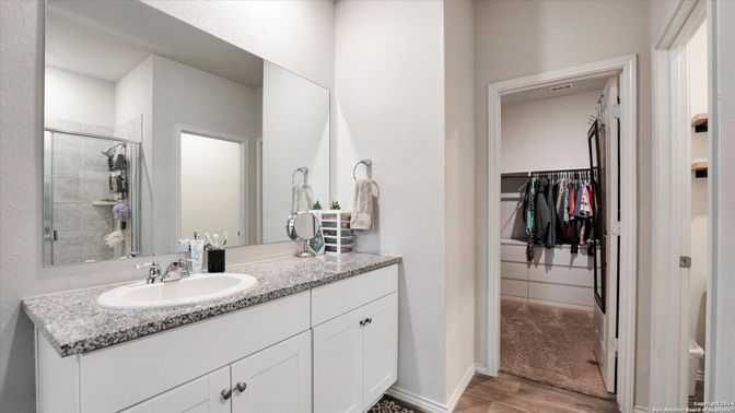 Bathroom, Dual Sink Vanities, Interior, Walk-in Closets, Wood Texture Flooring