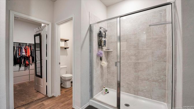 Bathroom, Glass Shower, Interior, Wood Texture Flooring