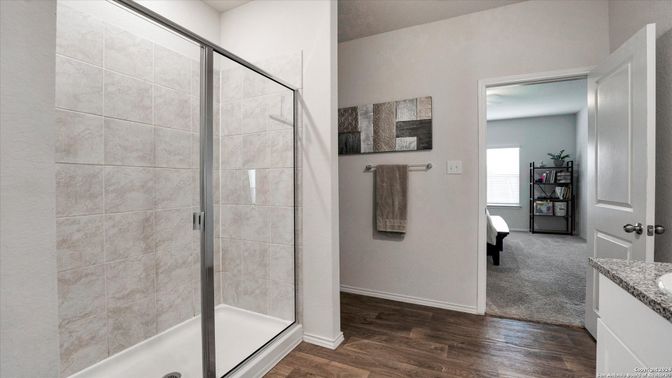 Bathroom, Glass Shower, Interior, Wood Texture Flooring