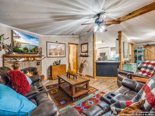 Fireplace, Interior, Kitchen, Living room, Wood Texture Flooring