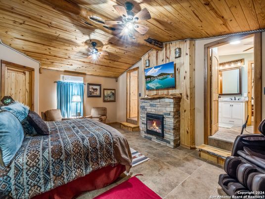 Bedroom, Fireplace, Interior, Wooden Ceilings