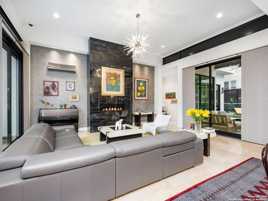 Fireplace, Interior, Living room, Pendant Lights, Recessed Lighting, Wood Texture Flooring